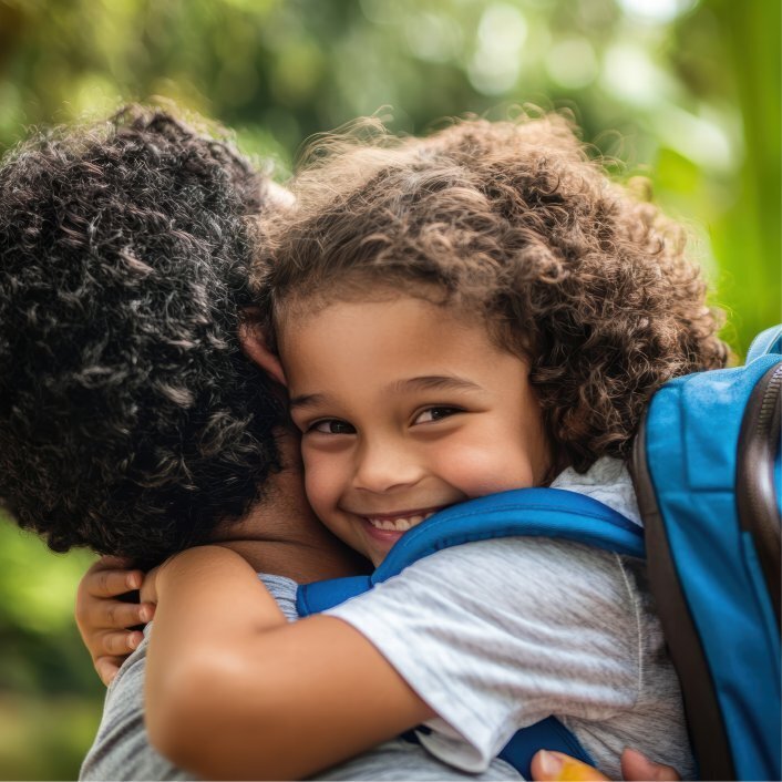 Young girl wearing a blue knapscak hugging her dad's neck