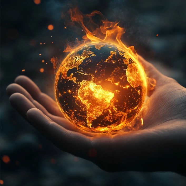 A hand holding the globe which is on fire