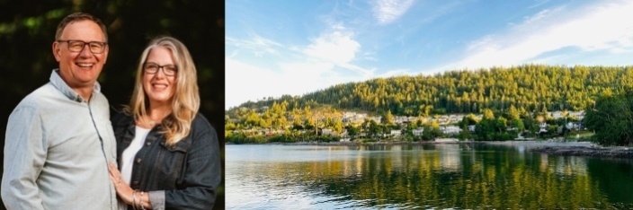 Mountain and valley scenery along with a photo of a husband and wife